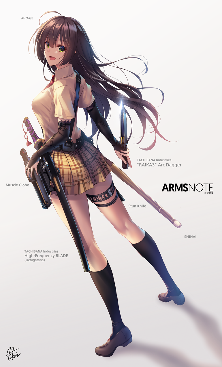 1girl :d arms_note artist_name black_socks blush breasts brown_hair brown_shoes brown_skirt copyright_name dagger detached_sleeves english_text engrish_text female_focus floating_hair fukai_ryosuke full_body green_eyes hair_between_eyes high-frequency_blade highres holding holding_weapon holster katana kneehighs kneepits knife less-than-lethal_weapon loafers long_hair looking_back medium_breasts open_mouth original plaid_clothes plaid_skirt ranguage school_uniform shadow sheath sheathed shinai shirt shoes short_sleeves sidelocks signature skirt smile socks solo standing stun_knife sword thigh_holster thigh_strap very_long_hair weapon white_shirt