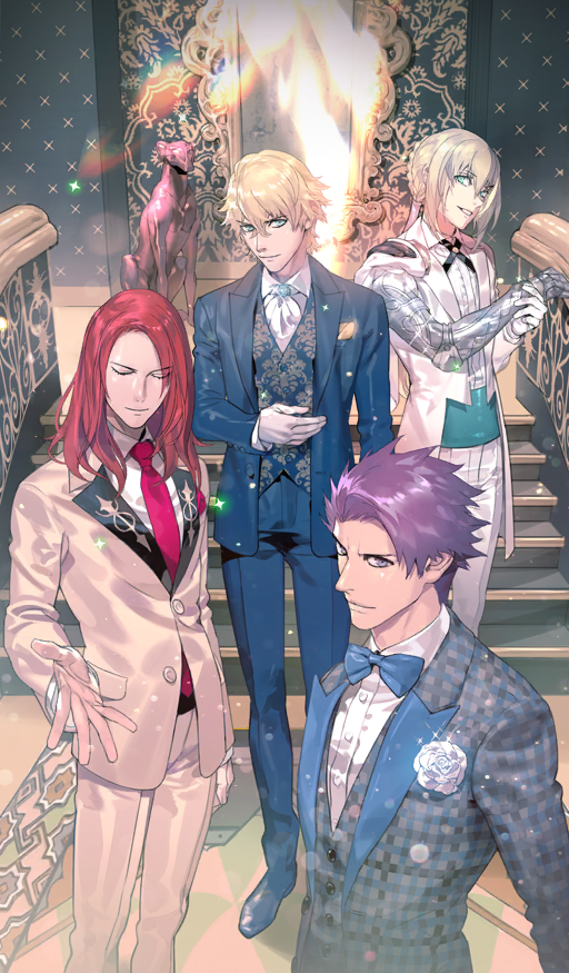 4boys airgetlam_(fate) androgynous aqua_eyes aqua_sash ascot bedivere_(as_you_wish)_(fate) bedivere_(fate) black_cross_tie blonde_hair blue_bow blue_bowtie blue_brooch blue_jacket blue_pants blue_shoes blue_suit blue_vest bow bowtie braid brown_jacket brown_pants buttons closed_eyes collared_shirt commentary cowboy_shot cross_tie cummerbund dress_shirt fate/grand_order fate_(series) flower formal_clothes full_body gawain_(as_you_wish)_(fate) gawain_(fate) gloves green_eyes grey_jacket hair_between_eyes indoors jacket kurahana_chinatsu lancelot_(as_you_wish)_(fate) lancelot_(fate/grand_order) lapels lens_flare long_hair looking_at_viewer male_focus multiple_boys necktie official_art pale_skin pants peaked_lapels prosthesis prosthetic_arm purple_eyes purple_hair red_hair red_necktie rose shirt shoes short_hair sidelocks sparkle stairs standing suit third-party_source traditional_bowtie tristan_(as_you_wish)_(fate) tristan_(fate) vest waistcoat white_ascot white_flower white_gloves white_pants white_rose white_shirt white_suit