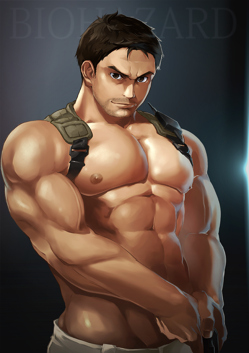 1boy 8_(yamalu) abs bara chris_redfield closed_mouth commentary_request copyright_name facial_hair frown groin gun highres holding holding_gun holding_weapon holster large_pectorals looking_at_viewer male_focus mature_male muscular muscular_male navel nipples pectoral_squeeze pectorals resident_evil resident_evil_5 short_hair shoulder_holster smile solo stomach stubble thick_eyebrows topless_male veins veiny_arms weapon