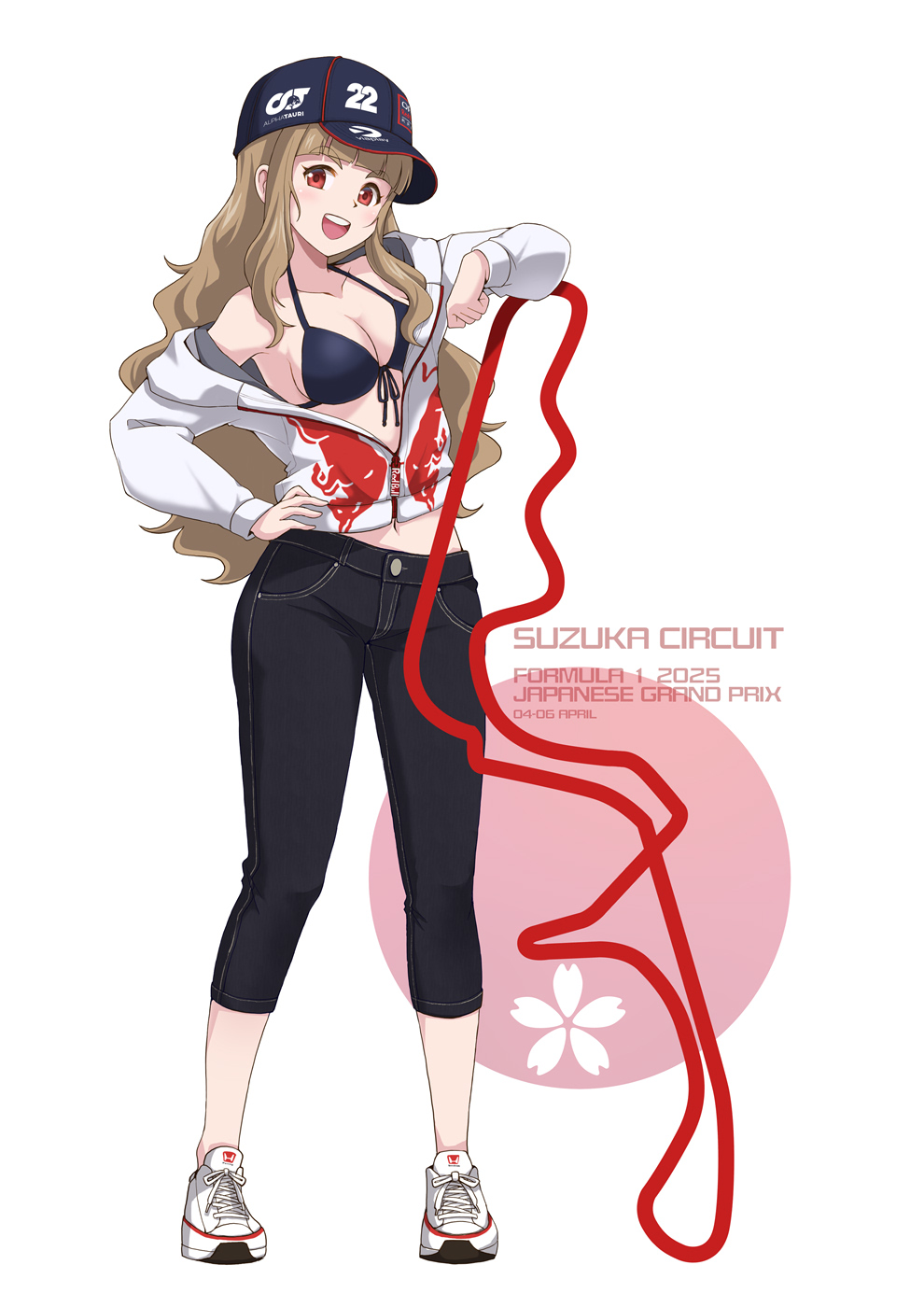 1girl baseball_cap bikini black_bikini black_hat black_pants blunt_bangs breasts brown_hair circuit cleavage collarbone denim eyelashes fluffy_hair front-tie_bikini_top front-tie_top full_body hat highres honda idolmaster idolmaster_cinderella_girls idolmaster_cinderella_girls_starlight_stage jacket jeans kamiya_nao large_breasts leaning light_blush logo long_hair long_sleeves midriff_peek navel pants partially_unzipped race_queen red_bull red_eyes satomura_kyou shoes smile sneakers solo suzuka_circuit swimsuit teeth thick_eyebrows upper_teeth_only very_long_hair wavy_hair white_jacket white_shoes white_sneakers