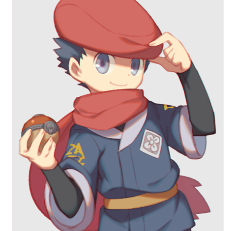 1boy black_hair black_shirt closed_mouth commentary_request grey_background grey_eyes grey_jacket hand_on_headwear hands_up hat hisuian_poke_ball holding holding_poke_ball jacket logo lowres male_focus nintendo pillarboxed poke_ball pokemon pokemon_legends:_arceus red_hat red_scarf rei_(pokemon) scarf shirt short_hair smile solo upper_body wusagi2