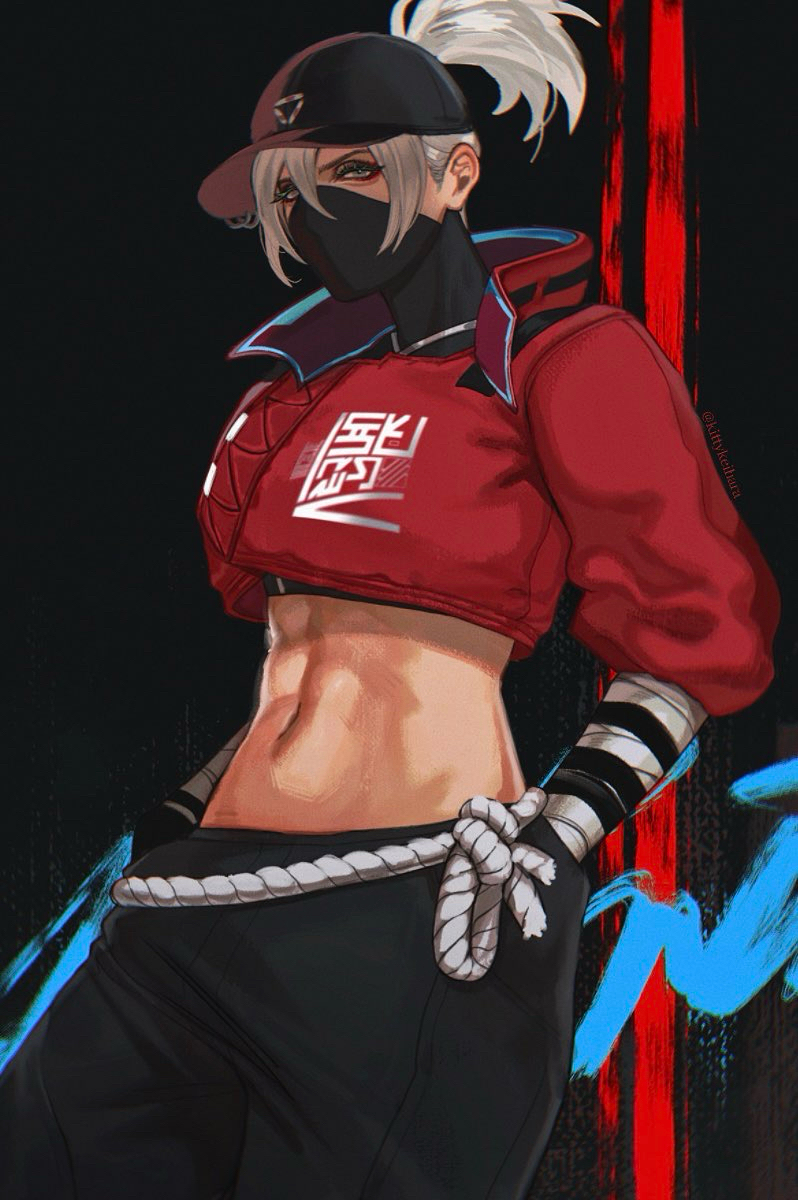 1girl abs apex_legends bandaged_arm bandages baseball black_eyeshadow black_hat black_pants blue_eyes commentary cropped_jacket english_commentary eyeshadow grey_hair hair_behind_ear hat highres jacket kitty_keihara looking_at_viewer makeup midriff navel official_alternate_costume pants ponytail red_jacket solo street_smart_wraith streetwear sweatpants v-shaped_eyebrows wraith_(apex_legends)
