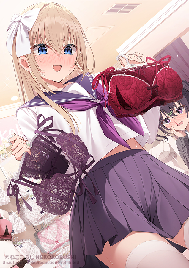 1girl 2girls black_bra black_hair blonde_hair blue_eyes bra heart heart-shaped_pupils lingerie long_hair looking_at_object multiple_girls navel neckerchief nekokobushi original purple_neckerchief purple_sailor_collar red_bra ribbonko-chan sailor_collar school_uniform serafuku shirt skirt solo symbol-shaped_pupils thighhighs thighs underwear white_shirt white_thighhighs