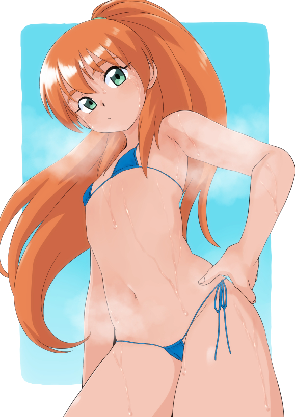 1girl akai_homura bikini blue_bikini female_focus flat_chest green_eyes hand_on_own_hip looking_at_viewer micro_bikini mizukane orange_hair ponytail side-tie_bikini_bottom solo steaming_body swimsuit tokimeki_memorial tokimeki_memorial_2 wet
