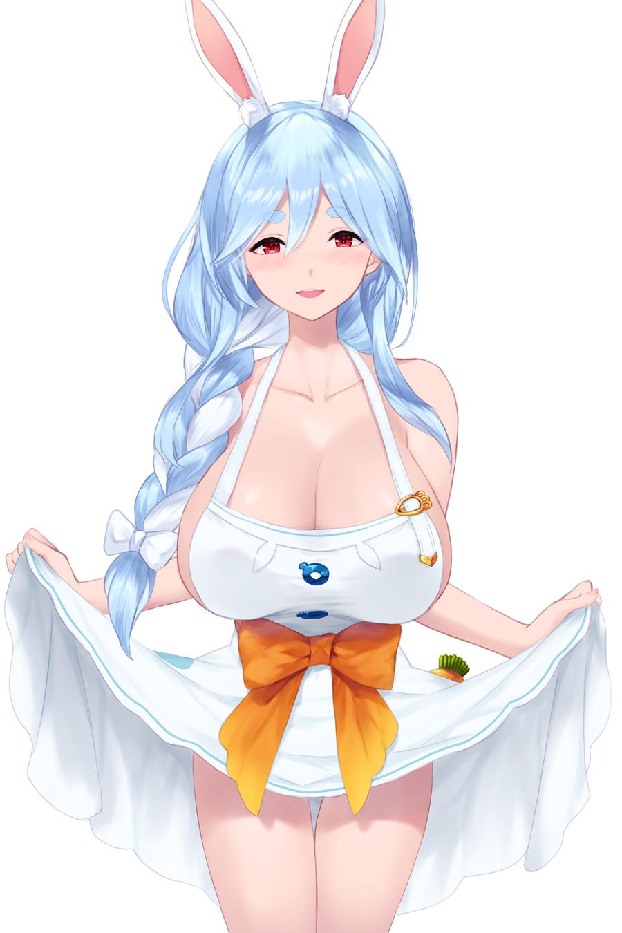 1girl animal_ear_fluff animal_ears apron bare_shoulders blue_hair blush braid braided_ponytail breasts cait_aron cleavage collarbone highres hololive large_breasts light_blue_hair long_hair looking_at_viewer mature_female naked_apron open_mouth pekomama rabbit_ears rabbit_girl red_eyes short_eyebrows sideboob smile solo thick_eyebrows thighs virtual_youtuber white_apron white_hair
