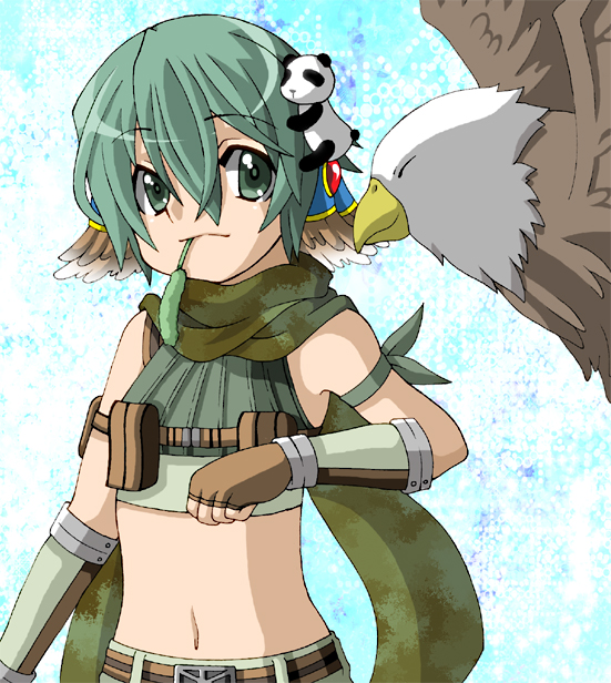 1boy bald_eagle belt bird brown_belt brown_gloves brown_wings camouflage_scarf cattail closed_mouth commentary_request crop_top eagle feathered_wings fingerless_gloves gloves green_eyes green_hair green_scarf green_shirt head_wings male_focus midriff monou0135 mouth_hold navel plant ragnarok_online ranger_(ragnarok_online) scarf shirt short_hair sleeveless sleeveless_shirt smile solo stuffed_animal stuffed_panda stuffed_toy upper_body wings