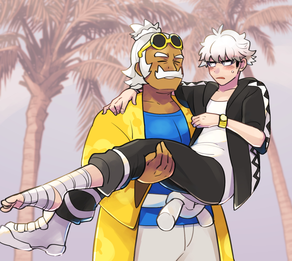 2boys bandaged_foot bandages black_jacket black_pants blue_shirt blush carrying closed_eyes coat commentary_request dark-skinned_male dark_skin day facial_hair guzma_(pokemon) hala_(pokemon) jacket looking_at_another male_focus multiple_boys nintendo nyoripoke open_clothes open_coat open_jacket outdoors pants pokemon pokemon_sm shirt shoes single_shoe sunglasses sweatdrop tree watch white_hair white_shirt wristwatch yellow-framed_eyewear yellow_coat