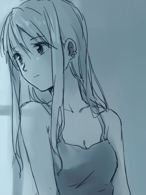 1girl bare_arms bare_shoulders blue_theme earrings expressionless female_focus fullmetal_alchemist jewelry long_hair looking_away lowres monochrome riru simple_background solo solo_focus winry_rockbell
