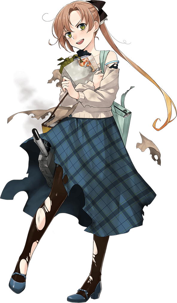 1girl akigumo_(kancolle) akigumo_kai_ni_(comiket)_(kancolle) akigumo_kai_ni_(kancolle) bag bags_under_eyes black_pantyhose black_sweater blue_footwear blue_skirt brown_hair brown_shawl can cold_pack fujikawa full_body green_eyes hair_ribbon kantai_collection layered_clothes long_hair long_skirt mole mole_under_eye official_alternate_costume official_art one_eye_closed pantyhose plaid_clothes plaid_skirt ponytail ribbon shawl shopping_bag skirt smile solo standing sweater torn_clothes torpedo_launcher transparent_background white_sweater
