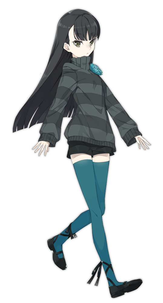 1girl aqua_thighhighs black_hair black_shoes black_shorts closed_mouth female_focus full_body green_eyes hayashi_kewi long_hair looking_at_viewer mary_janes ribbed_sweater sasa_kazamori shoes short_shorts shorts simple_background solo standing straight_hair striped_clothes striped_sweater sweater thighhighs tsurime turtleneck turtleneck_sweater un-go white_background