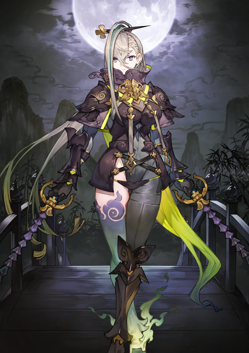 1girl armor armored_boots armored_gloves arms_at_sides asymmetrical_clothes asymmetrical_legwear black_armor black_gloves boobplate boots breastplate breasts cape chinese_clothes closed_mouth clothing_request crossed_bangs crossed_legs dual_wielding expressionless fate/grand_order fate_(series) feet_out_of_frame fire flaming_foot full_moon game_cg gloves green_cape green_fire groin hair_between_eyes high_collar holding holding_weapon huyan_zhuo_(fate) huyan_zhuo_(second_ascension)_(fate) large_breasts long_hair looking_at_viewer moon multicolored_hair official_art ponytail purple_eyes shoulder_armor single_boot single_pantsleg solo standing streaked_hair third-party_source toridamono variant_set very_long_hair weapon white_hair