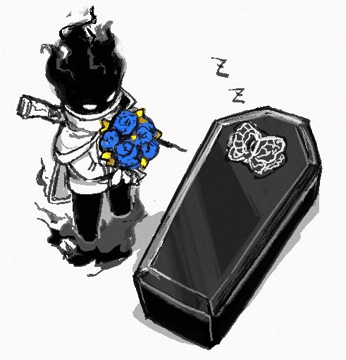 blue_flower blue_rose bouquet cape chibi coffin der_freischuetz_(project_moon) fire flaming_head flaw_eight flower funeral_of_the_dead_butterflies gloves greyscale gun holding holding_bouquet jacket long_sleeves monochrome pants project_moon rifle rose simple_background sleeping spot_color weapon white_background