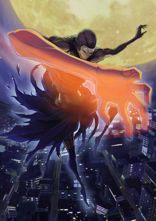 1boy abs bald black_skin black_skirt black_thighhighs city colored_skin covered_face fate/grand_order fate_(series) foreshortening full_body full_moon glowing glowing_arm hassan_of_the_cursed_arm_(fate) huge_moon long_arms male_focus mask midair moon night official_art outdoors skirt skull_mask solo task_owner thighhighs third-party_source topless_male torn_clothes torn_skirt white_mask