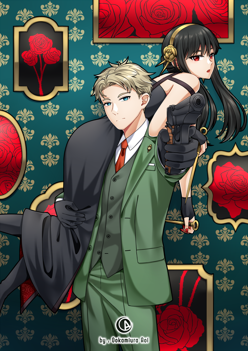 1boy 1girl black_dress black_gloves black_hair blonde_hair blue_eyes carrying carrying_person dagger dress dress_pants fingerless_gloves formal_clothes gloves gold_hairband green_jacket green_pants green_suit green_vest gun hairband handgun highres holding holding_gun holding_weapon jacket knife long_hair necktie ookamiura_aoi pants red_eyes red_necktie shirt short_hair spy_x_family standing stiletto_(weapon) suit suit_jacket twilight_(spy_x_family) very_short_hair vest weapon white_shirt yor_briar