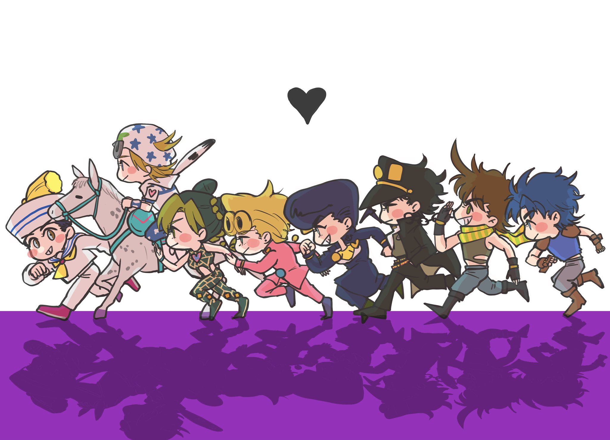 1girl 6+boys battle_tendency black_footwear black_hair black_headwear blonde_hair blue_hair blue_shirt blush brown_hair coat diamond_wa_kudakenai green_hair higashikata_josuke higashikata_josuke_(jojolion) highres horse johnny_joestar jojo_no_kimyou_na_bouken jojolion jonathan_joestar joseph_joestar joseph_joestar_(young) kuujou_jolyne kuujou_joutarou multiple_boys on_animal pants phantom_blood pink_pants pompadour purple_background red_footwear riding running sailor scarf shadow shirt simple_background slow_dancer_(jojo) slow_dancer_(sbr) stardust_crusaders steel_ball_run stone_ocean vento_aureo wao white_background white_headwear