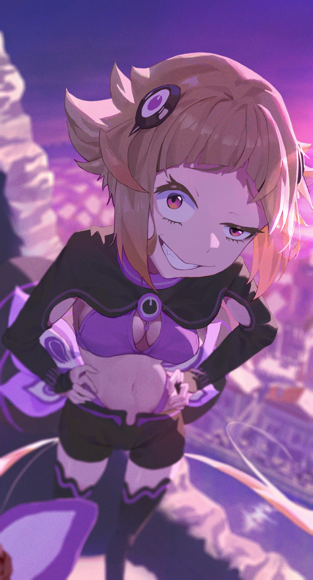 1girl arched_bangs black_shorts black_shrug black_thighhighs blurry breasts brown_hair capella_emerada_lugnica chiyo_kami commentary_request depth_of_field evil_smile from_above hair_ornament hands_on_own_hips highres looking_at_viewer outdoors pink_eyes purple_sky re:zero_kara_hajimeru_isekai_seikatsu ruins short_hair shorts shrug_(clothing) sky small_breasts smile solo thighhighs