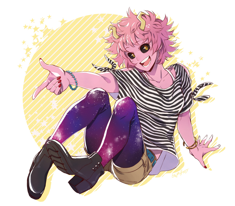 10s 1girl :d alternate_costume ashido_mina black_sclera blush boku_no_hero_academia breasts casual colored_sclera colored_skin female_focus full_body horns jewelry lowah nail_polish open_mouth pantyhose pantyhose_under_shorts pink_hair pink_skin red_nails shirt short_sleeves shorts smile solo striped_clothes striped_shirt teeth yellow_eyes