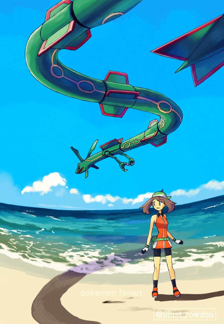1girl bandana bare_shoulders beach bike_shorts black_shorts blue_sky brown_hair cloud dress fanny_pack gen_3_pokemon gloves green_bandana legendary_pokemon looking_to_the_side may_(pokemon) nintendo ocean open_mouth orange_dress pokemon pokemon_(creature) pokemon_emerald pokemon_rse rayquaza rowdon shorts sky sleeveless sleeveless_dress twitter_username