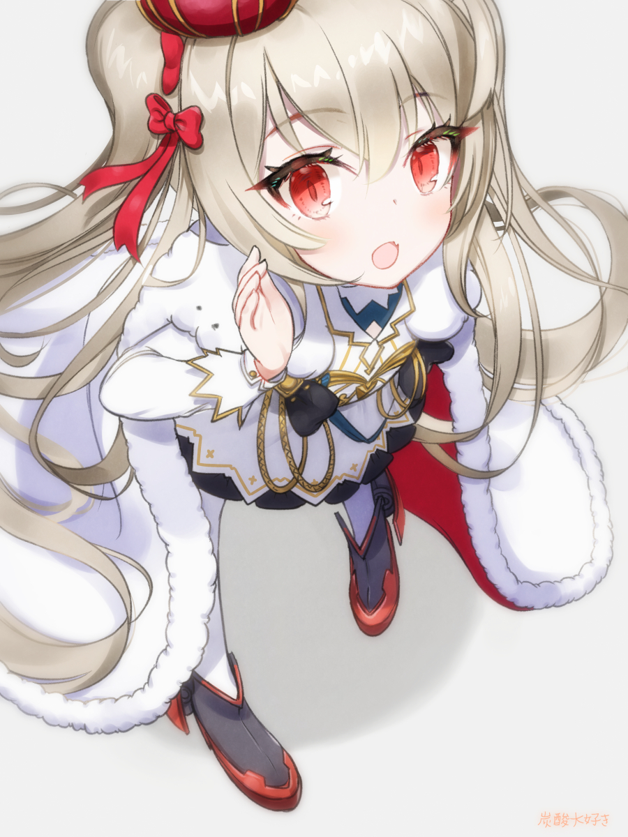 1girl azur_lane blush capelet cloak crown fang foreshortening from_above gold high_heels highres leaning_forward long_hair looking_at_viewer looking_up open_mouth red_eyes ribbon shouting_with_hands signature silver_hair simple_background skin_fang slit_pupils solo tansan_daisuki uniform valiant_(azur_lane) white_legwear