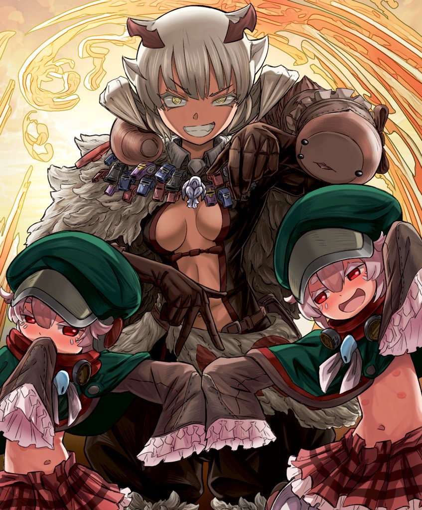 1boy 2girls belt_pouch breasts brown_sleeves center_opening child cloak covering_own_mouth extra_nipples frapam frilled_skirt frilled_sleeves frills fur_cloak gas_mask gloves green_hat green_poncho guppi_(artist) hat horns made_in_abyss mask medium_breasts menae_(made_in_abyss) midriff multicolored_hair multiple_girls navel orange_sky plaid_clothes plaid_skirt poncho pouch presenting puffy_shorts red_eyes red_skirt sherumi_(made_in_abyss) short_hair shorts siblings skirt sky sleeves_past_fingers sleeves_past_wrists srajo twins v waist_cape whistle wince yellow_eyes