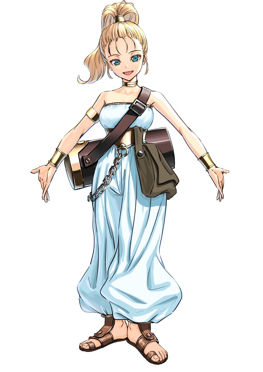1girl bag blonde_hair blue_eyes breasts chrono_trigger collarbone full_body highres jewelry kaijin-m long_hair looking_at_viewer marle_(chrono_trigger) ponytail shoulder_bag simple_background smile solo white_background