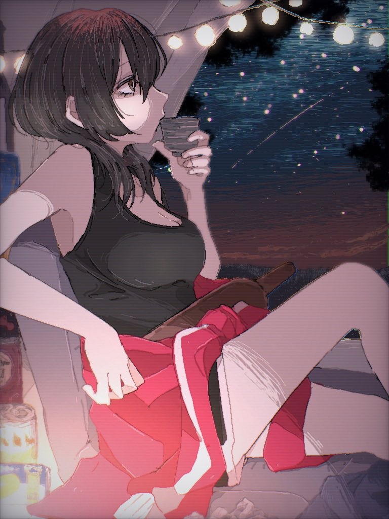 1girl arm_rest black_shorts black_tank_top bonnouji_momoha bottle breasts brown_eyes brown_hair can chair cleavage clothes_around_waist cup drinking feet_out_of_frame holding holding_cup jacket jacket_around_waist kimi_no_koto_ga_dai_dai_dai_dai_daisuki_na_100-nin_no_kanojo large_breasts medium_hair nanoka_7no on_chair sake_bottle shade shooting_star shorts sitting sky solo star_(sky) starry_sky string_of_light_bulbs tank_top tent_interior tree zaisu