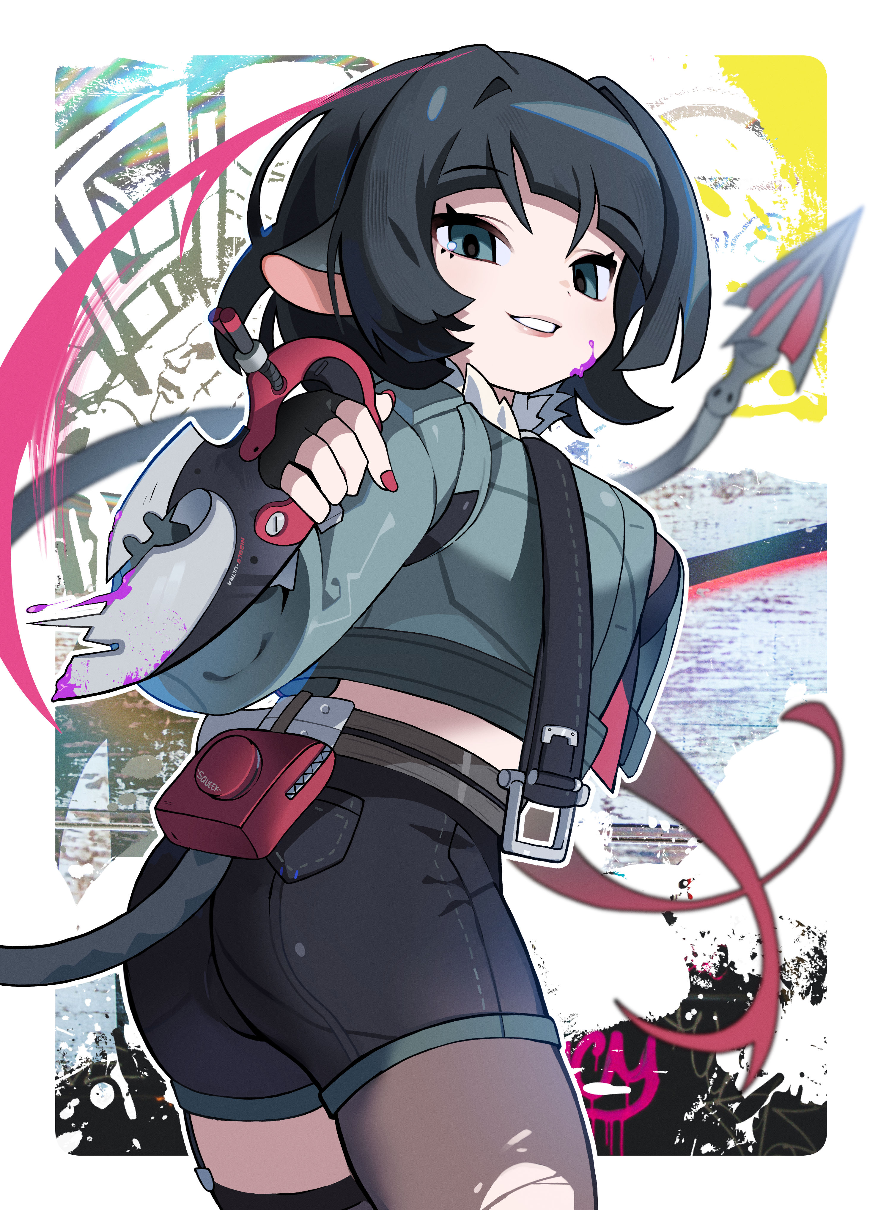 1girl absurdres animal_ears ass belt black_gloves black_hair black_shorts blurry breasts brown_pantyhose dagger depth_of_field fingerless_gloves gloves green_eyes green_jacket highres jacket jane_doe_(zenless_zone_zero) knife long_sleeves looking_at_viewer looking_back medium_breasts morizo_(morizoshop) mouse_ears open_clothes open_jacket open_mouth paint_splatter paint_splatter_on_face pantyhose pouch red_nails short_hair shorts single_leg_pantyhose smile solo tail torn_clothes torn_pantyhose weapon zenless_zone_zero