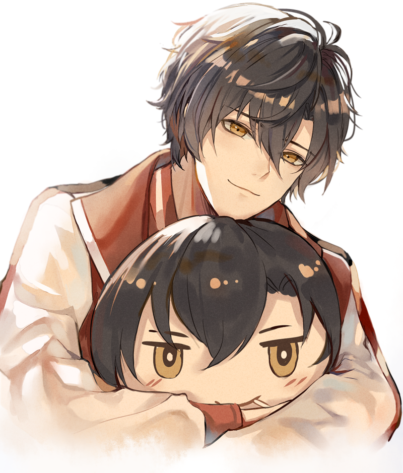 1boy aguaaaaaa black_hair character_doll chinese_commentary closed_mouth doll hair_between_eyes holding holding_doll hugging_object jacket long_sleeves looking_at_viewer male_focus multicolored_jacket quan_zhi_gao_shou red_jacket short_hair simple_background smile solo upper_body white_background white_jacket ye_xiu yellow_eyes