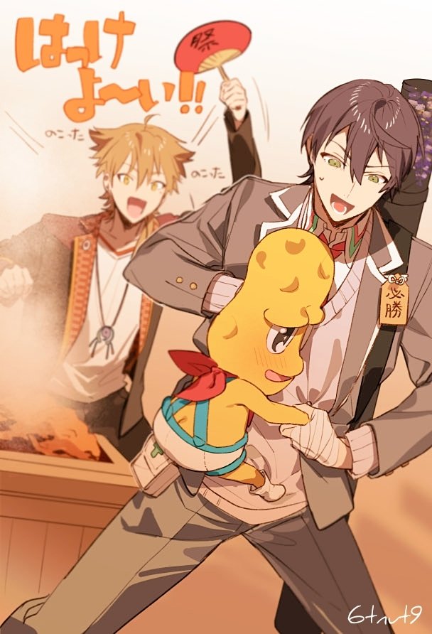 3boys 6tnut9 :d ahoge arm_up artist_name bandaged_hand bandages black_jacket black_pants blazer brown_eyes brown_hair collarbone collared_shirt commentary_request first_aid_kit fushimi_gaku fushimi_gaku_(1st_costume) green_eyes grey_sweater hair_between_eyes hair_over_shoulder hand_fan holding holding_fan hug jacket jewelry kenmochi_touya kenmochi_touya_(1st_costume) lapels long_sleeves looking_at_another looking_down low_ponytail lower_teeth_only magatama magatama_necklace male_focus medium_hair mode_aim mole mole_under_eye multiple_boys necklace necktie nijisanji omamori open_clothes open_jacket open_mouth pants paper_fan peanuts-kun plaid_clothes plaid_necktie ponytail purple_hair red_necktie school_uniform shirt short_hair smile standing sweatdrop sweater teeth translation_request virtual_youtuber weapon_bag white_shirt wing_collar yagasuri