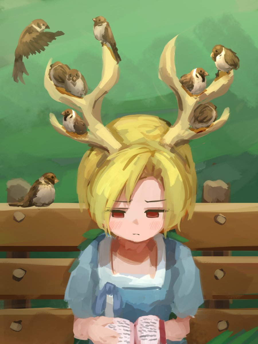 1girl antlers bird blonde_hair blue_shirt blush book brown_bird closed_mouth commentary dragon_horns garakuraku highres holding holding_book horns kicchou_yachie on_bench open_book red_eyes shirt sitting solo sparrow touhou turtle_shell yellow_horns