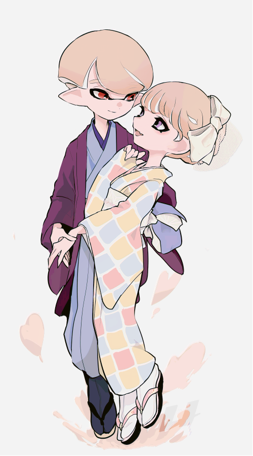 1boy 1girl black_shoes blonde_hair blue_kimono bow closed_mouth commentary fang full_body hair_bow haori holding_hands imaikuy0 inkling inkling_boy inkling_girl inkling_player_character japanese_clothes kimono long_sleeves looking_at_another multicolored_kimono nintendo obi okobo open_mouth pink_kimono platform_sandals pointy_ears purple_eyes red_eyes red_haori sandals sash shoes short_hair skin_fang smile splatoon_(series) standing symbol-only_commentary tabi tentacle_hair white_bow white_kimono wide_sleeves yellow_kimono