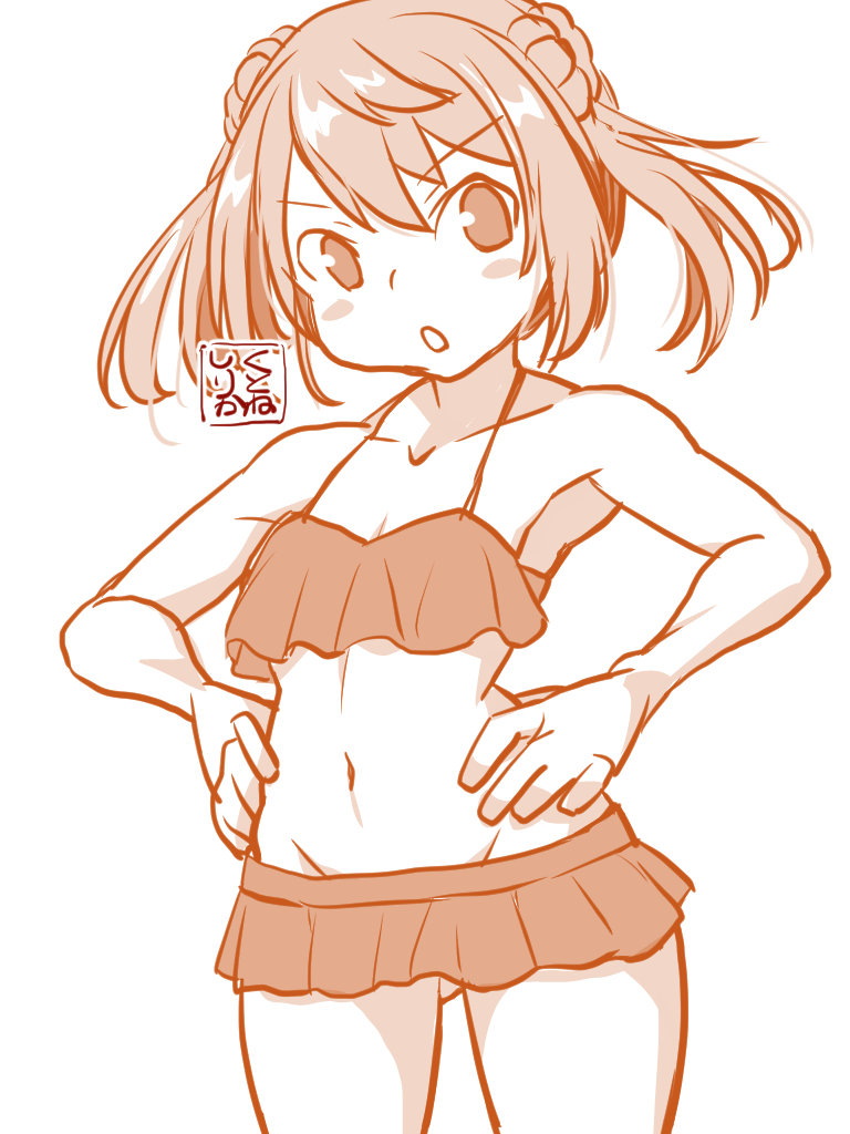 1girl artist_logo bikini bikini_skirt commentary_request cosplay double_bun frilled_bikini frills groin hair_bun hands_on_own_hips kantai_collection kasumi_(kancolle) kasumi_(kancolle)_(cosplay) kasumi_kai_ni_(kancolle) kasumi_kai_ni_(swimsuit)_(kancolle) kutone_shirika logo medium_hair michishio_(kancolle) monochrome navel orange_theme solo swimsuit trait_connection