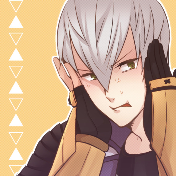 2boys anger_vein black_gloves fingerless_gloves furrowed_brow gloves green_eyes grey_hair hair_between_eyes hands_on_another&#039;s_head ishida_mitsunari_(sengoku_basara) looking_to_the_side makaron611 male_focus multiple_boys out_of_frame outline portrait sengoku_basara short_hair solo_focus sweat tokugawa_ieyasu_(sengoku_basara) v-shaped_eyebrows white_outline yellow_background