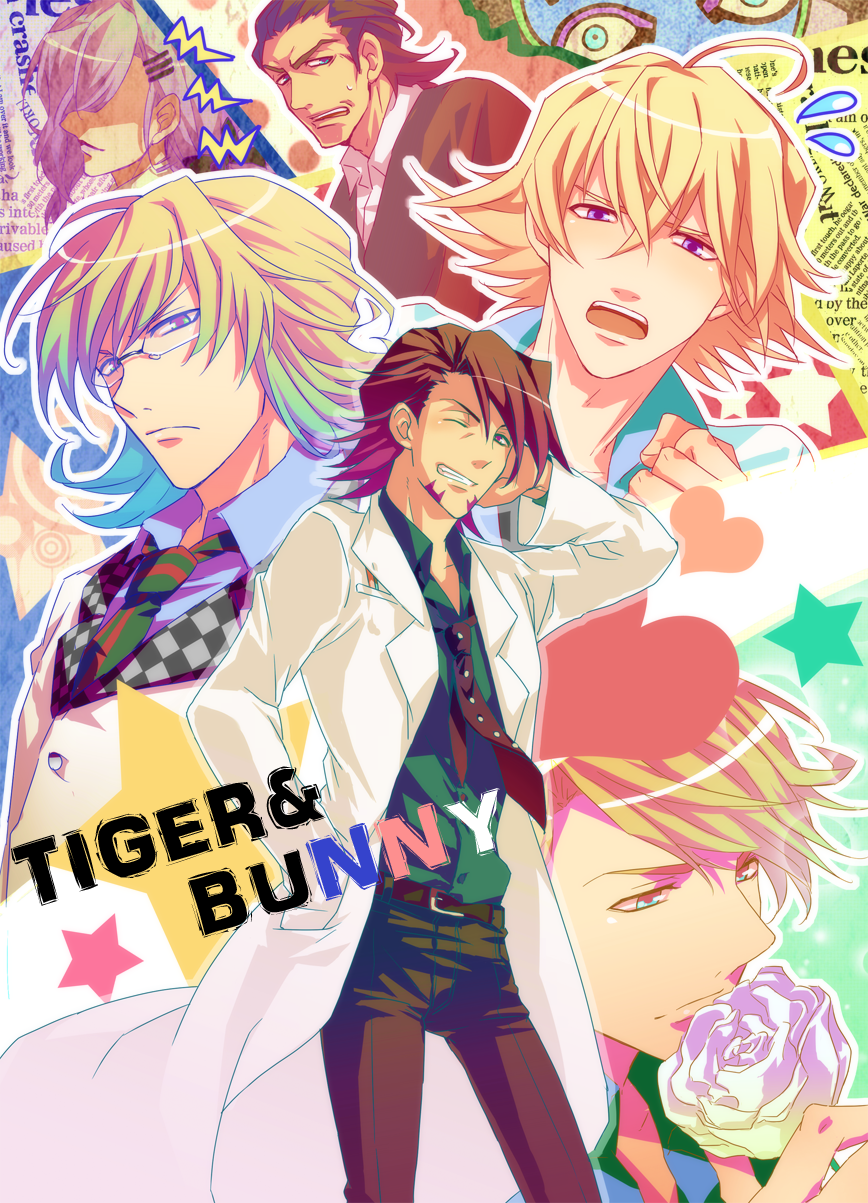 10s 6+boys ahoge antonio_lopez bad_id bad_pixiv_id barnaby_brooks_jr. belt blonde_hair blue_eyes blue_jacket bomber_jacket bow brown_eyes brown_hair cm10th dark_skin dark-skinned_male facial_hair flower formal_clothes glasses green_eyes hair_bow hair_ornament hair_over_eyes hairclip highres ivan_karelin jacket kaburagi_t._kotetsu keith_goodman lab_coat long_hair lunatic_(tiger_&amp;_bunny) male_focus mask multiple_boys necktie plant ponytail purple_eyes rose short_hair silver_hair stubble suit superhero_costume sweatdrop tiger_&amp;_bunny white_flower white_rose wink yuri_petrov