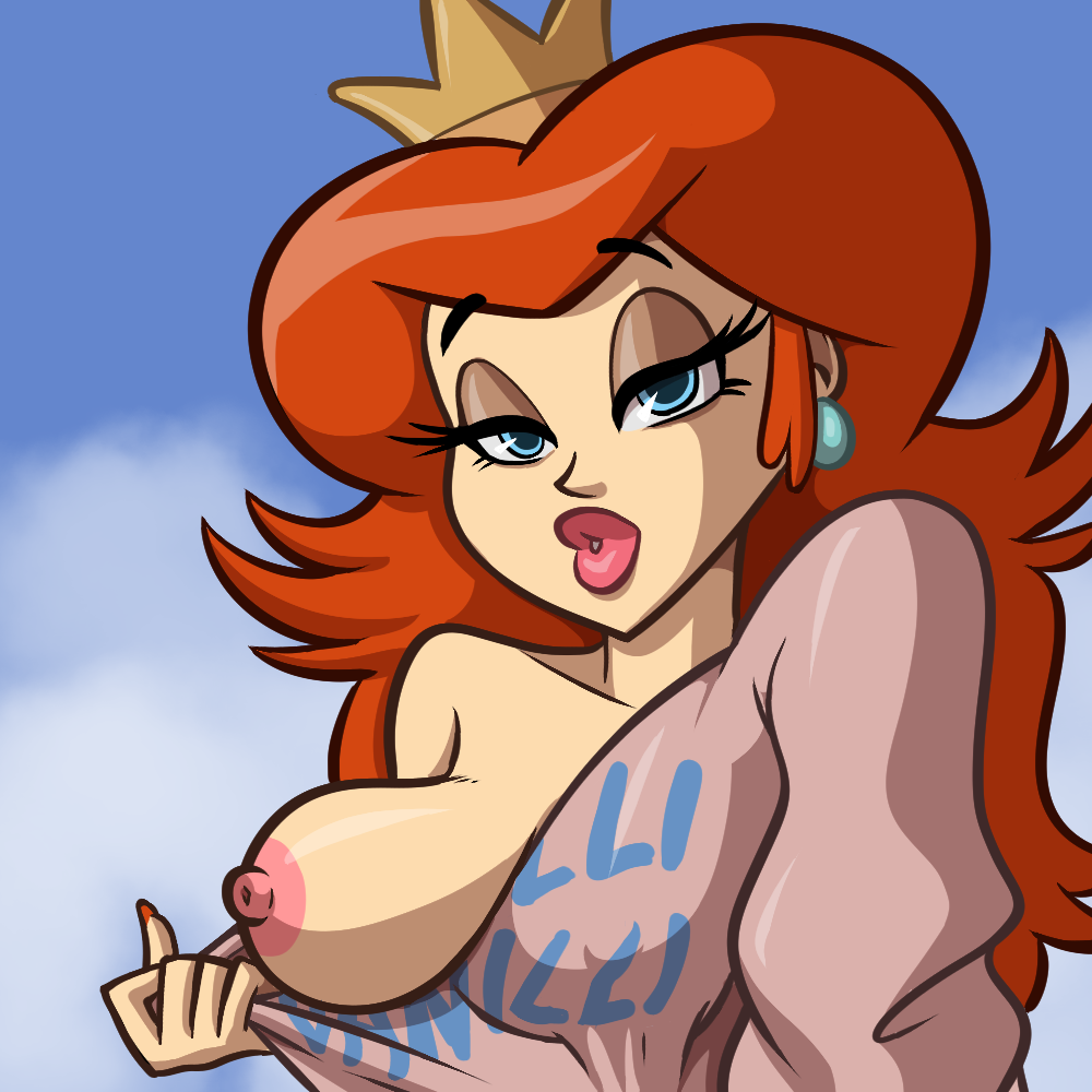 1girl blue_eyes breasts breasts_out brown_hair crown female_focus grabbing_another&#039;s_breast groping long_hair looking_at_viewer mario_(series) nintendo nipples phazyn princess_peach red_hair super_mario_bros._1 super_mario_bros._3 the_adventures_of_super_mario_bros._3