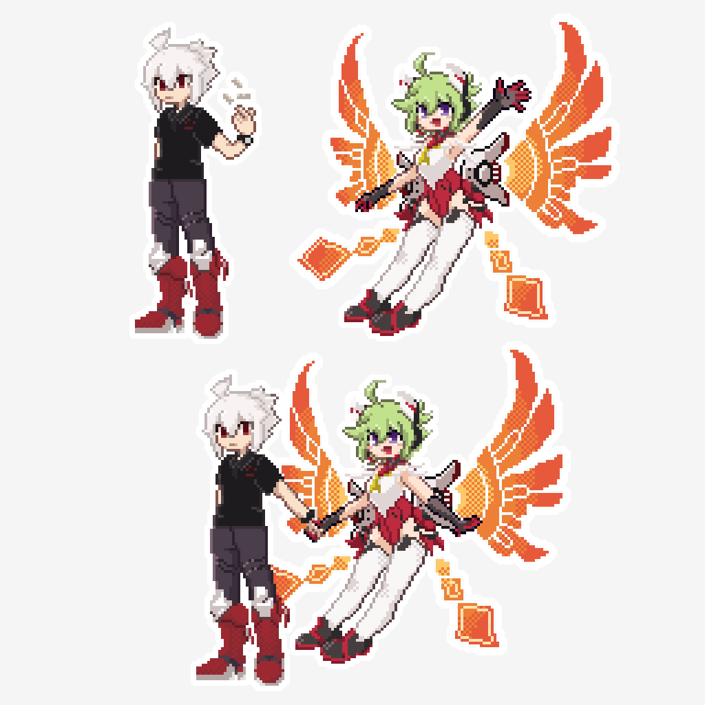 1boy 1girl acura_(gunvolt) ahoge alternate_costume azure_striker_gunvolt azure_striker_gunvolt_2 bare_shoulders energy_wings full_body green_hair grey_background headgear holding_hands leotard pixel_art purple_eyes red_eyes red_wings roro_(gunvolt) senzo_tori short_hair simple_background thighhighs white_hair white_leotard white_thighhighs wings