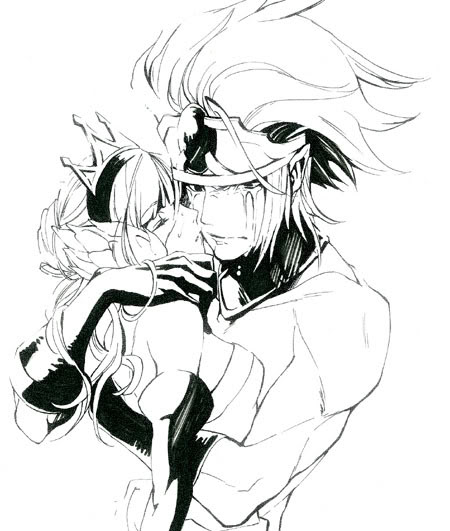 1boy 1girl bare_shoulders closed_eyes crown death gloves greyscale gwendolyn_(odin_sphere) hetero hug long_hair monochrome odin_sphere onyx onyx_(odin_sphere) pointy_ears short_hair tears valkyrie vanillaware