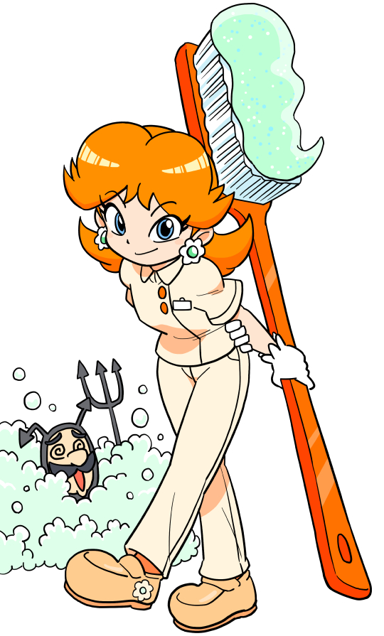 1boy 1girl @_@ badge blue_eyes bubble demon_costume demon_horns dentist earrings eyelashes facial_hair flower_earrings gloves holding holding_toothbrush horns jewelry junnosu looking_at_viewer luigi mario_(series) mustache nintendo open_mouth orange_hair pitchfork princess_daisy shoes short_sleeves smile toothbrush toothpaste white_background white_gloves