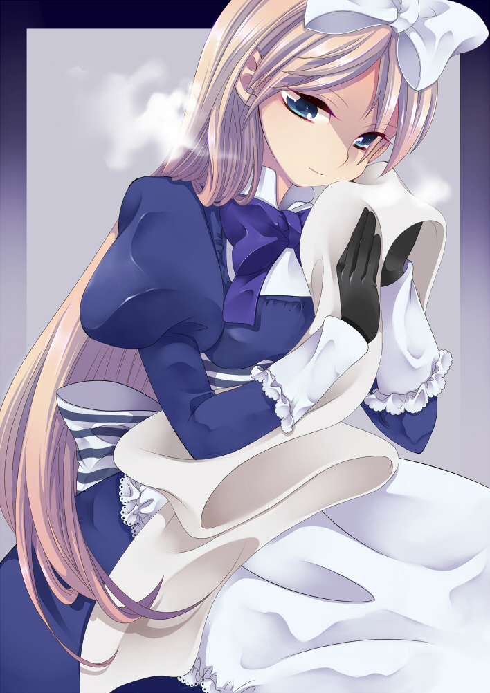 00s 1girl apron axis_powers_hetalia belarus_(hetalia) blonde_hair blue_eyes breath dress female_focus frills gloves hair_ribbon long_hair neko_(natsuiroclassic) nuzzle ribbon scarf sitting solo very_long_hair