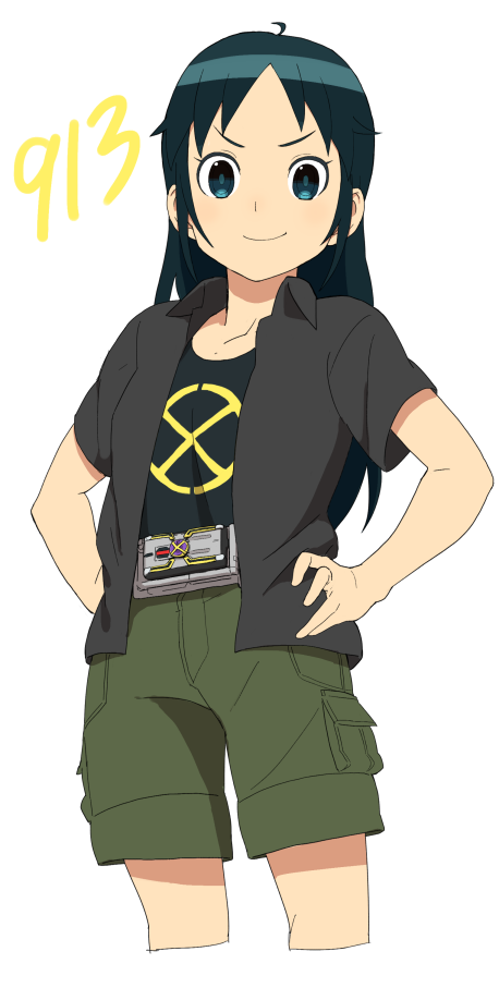 &gt;:) 10s 1girl accio bad_id bad_pixiv_id belt female_focus hands_on_own_hips idolmaster idolmaster_cinderella_girls kamen_rider kamen_rider_555 kamen_rider_kaixa long_hair looking_at_viewer nanjo_hikaru shorts simple_background smile solo v-shaped_eyebrows white_background