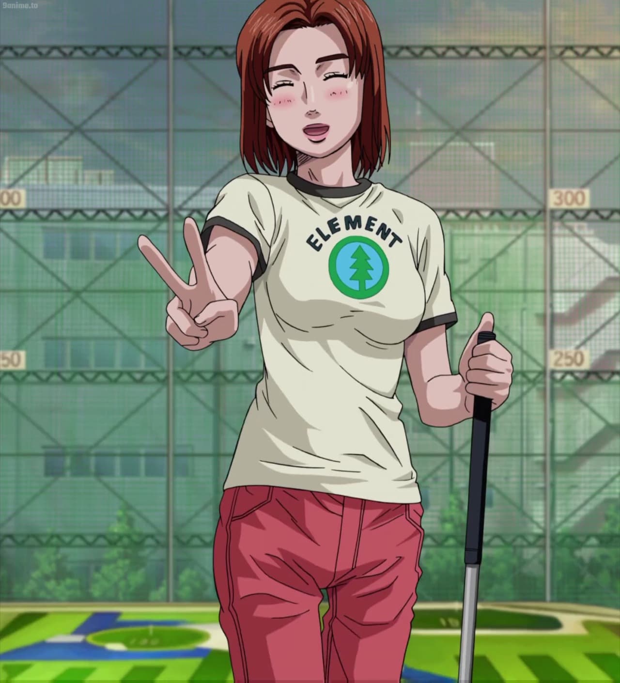 1girl anime_screenshot blush breasts brown_eyes brown_footwear brown_hair casual closed_eyes golf golf_club highres initial_d medium_breasts medium_hair official_alternate_costume official_art open_mouth pants peace_symbol red_pants shirt standing stitched straight-on third-party_edit uehara_mika
