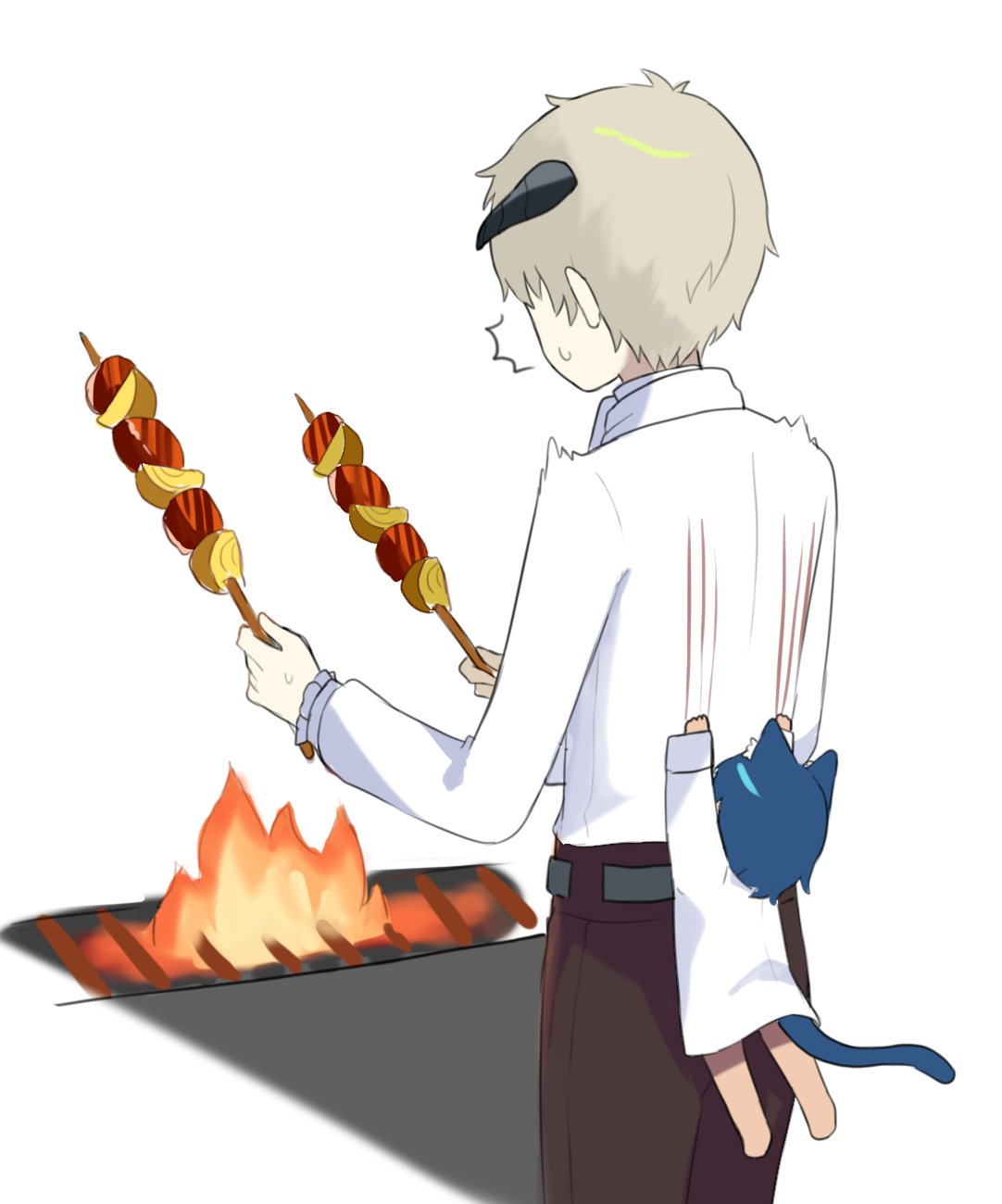 2boys ^^^ animal_ears black_pants blue_hair cat_boy cat_ears fire grey_hair grill highres holding holding_skewer horns kemonomimi_mode male_focus metaphor:_refantazio multiple_boys pants pkin_cheezpie protagonist_(metaphor:_refantazio) shirt short_hair simple_background skewer standing strohl_(metaphor:_refantazio) sweat tail white_background white_shirt