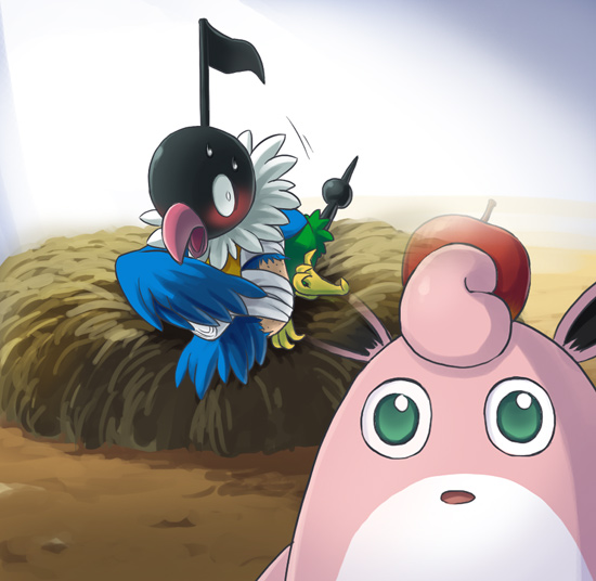 apple bandaged_wings bandages blush chatot food food_on_head fruit gen_1_pokemon gen_4_pokemon green_eyes injury nintendo no_humans object_on_head pokemon pokemon_(creature) pokemon_mystery_dungeon pokemon_mystery_dungeon:_explorers_of_time/darkness/sky shiwashiwa_no_kinchakubukuru sweat wigglytuff