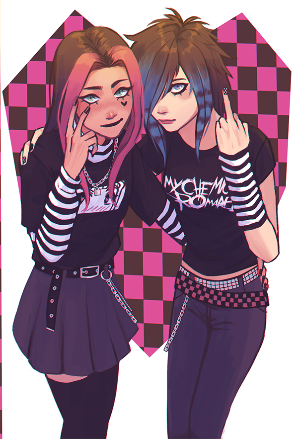 2girls belt black_hair black_pants black_shirt black_skirt blue_hair chain commentary e-girl emo_fashion english_commentary eyelid_pull eyeliner hair_over_one_eye lock long_hair looking_at_viewer makeup middle_finger midriff_peek multicolored_hair multiple_girls my_chemical_romance original padlock pants pink_hair pleated_skirt raccoon_tails_(hairstyle) scene_fashion shirt skirt standing two-tone_hair z3nika