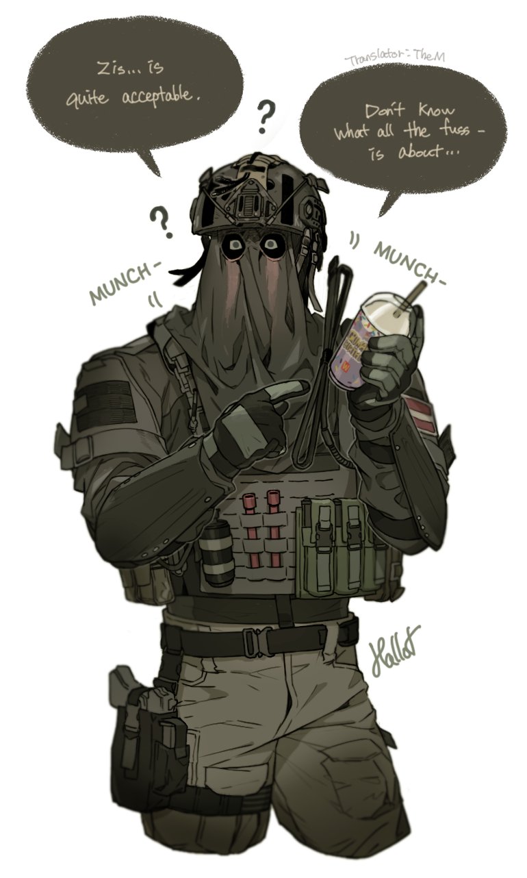 1boy ? ammunition_pouch austrian_flag bulletproof_vest call_of_duty call_of_duty:_modern_warfare_2 combat_helmet covered_face drinking_straw english_text grimace_shake_(meme) gun hallot helmet highres holster konig_(call_of_duty) looking_at_viewer mask meme military_combat_uniform military_uniform milkshake muscular muscular_male patch pointing pouch signature sound_effects speech_bubble spoken_question_mark thigh_holster tourniquet weapon