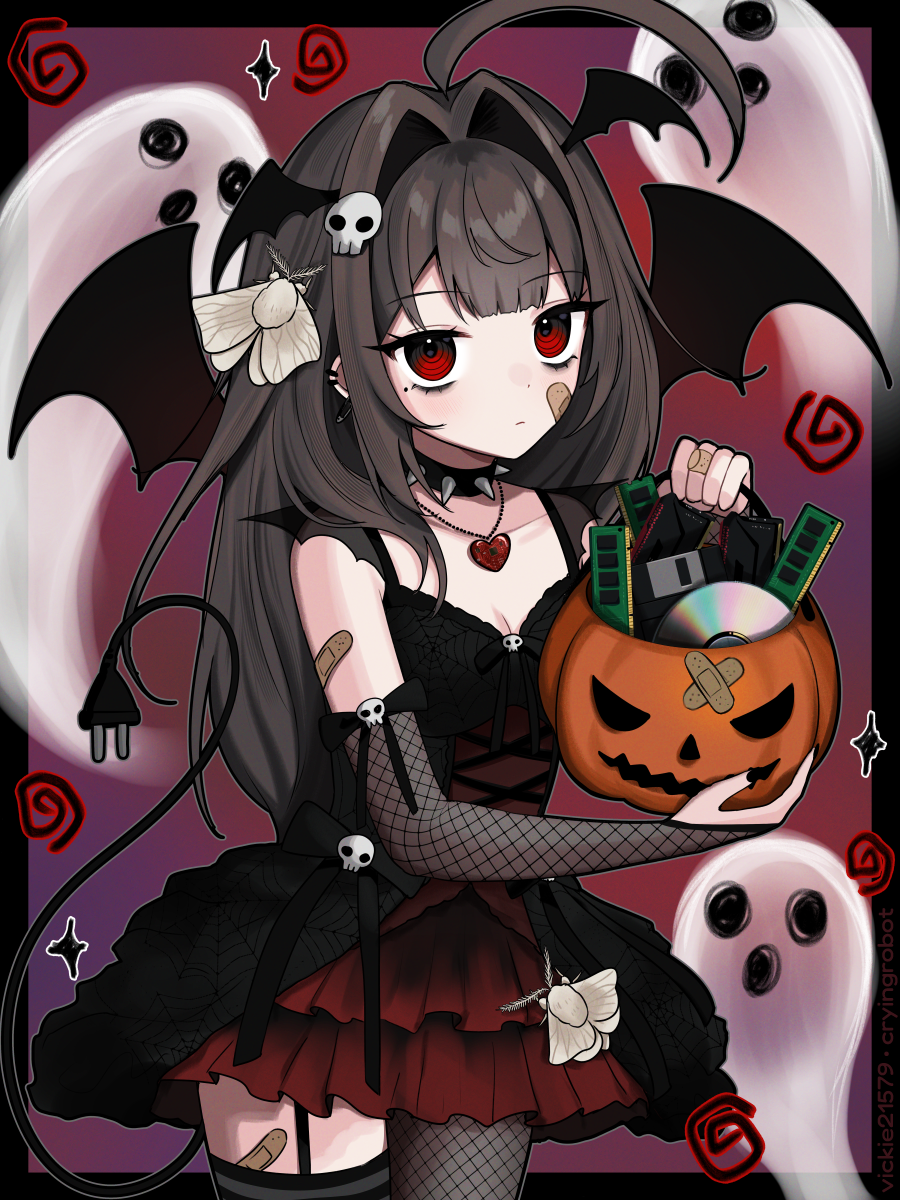 1girl ahoge asymmetrical_legwear bandaid bandaid_on_arm bandaid_on_face bandaid_on_hand bandaid_on_leg bat_wings black_dress black_nails breasts brown_hair bug cd cleavage collarbone commentary commentary_request dress earrings expressionless ghost hair_ornament halloween head_wings highres huge_ahoge insect jack-o&#039;-lantern jewelry layered_dress long_hair looking_at_viewer moth multiple_earrings necklace original ram_(computer) red_dress red_eyes ringed_eyes short_dress skull skull_hair_ornament sleeveless sleeveless_dress small_breasts standing vickie_(cryingrobot) vickie_(cryingrobot)_(character) wings