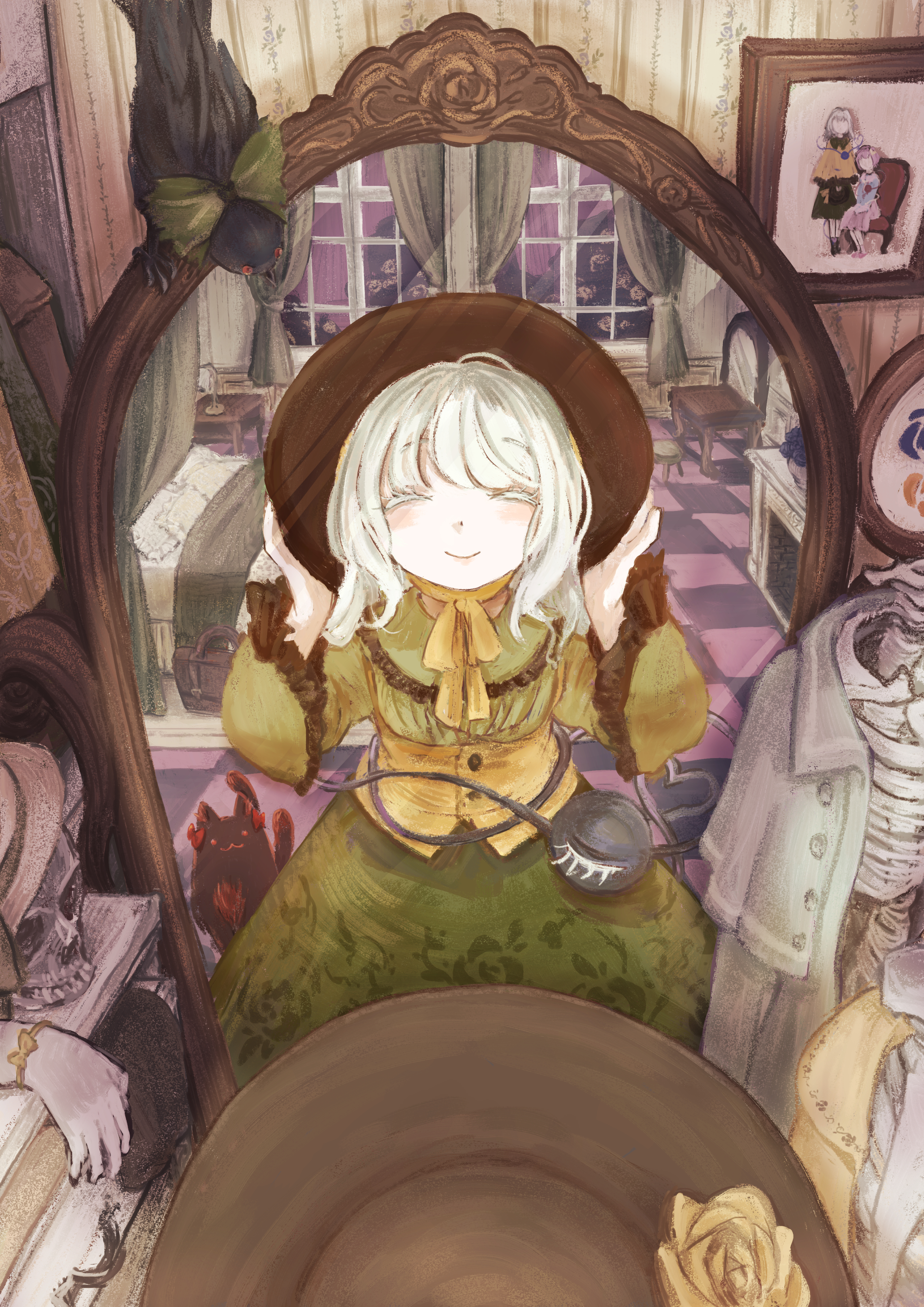 1girl absurdres adapted_costume bed black_cat black_hat buchi_ooo cat chair closed_eyes closed_mouth commentary_request eyeball flower frilled_shirt_collar frilled_sleeves frills green_hair green_skirt hat hat_flower heart heart_of_string highres indoors kaenbyou_rin kaenbyou_rin_(cat) komeiji_koishi komeiji_satori long_sleeves mirror multiple_tails painting_(object) reflection rose skeleton skirt skull smile solo tail third_eye touhou two_tails wide_sleeves window yellow_flower yellow_rose