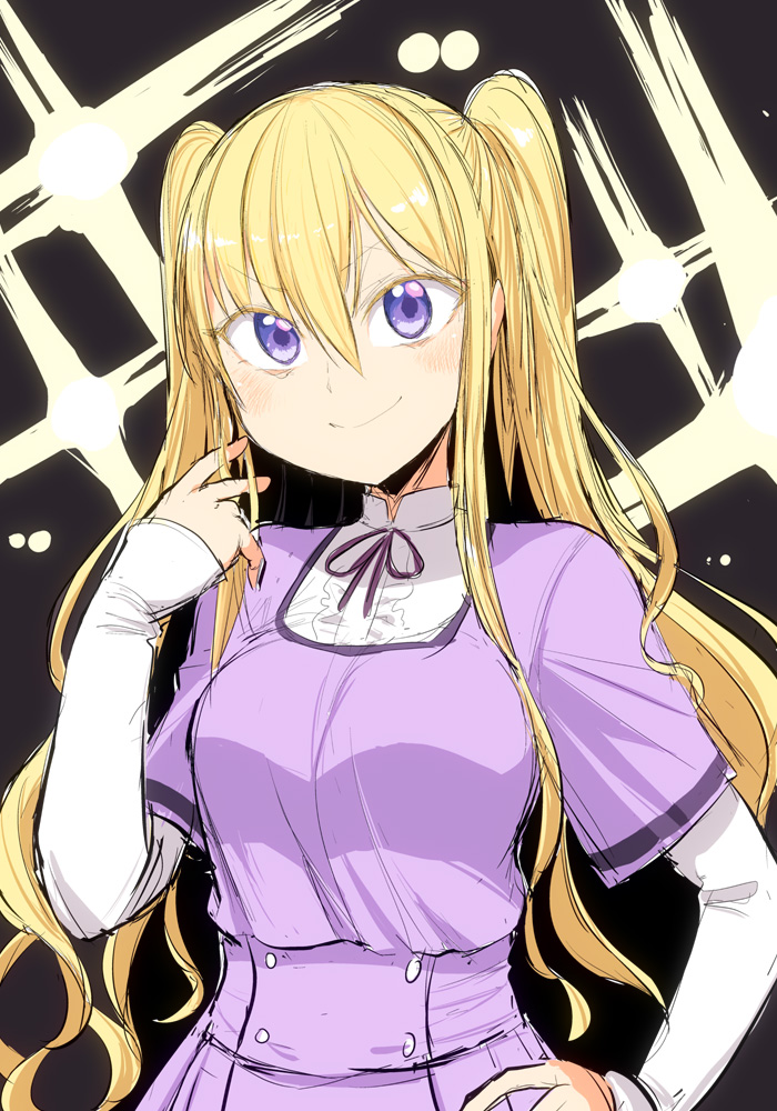 1girl ami_ria blonde_hair center_frills closed_mouth collared_shirt commentary_request frills hair_between_eyes hand_on_own_hip hand_up ken_(koala) layered_sleeves long_hair long_sleeves looking_at_viewer magia_record:_mahou_shoujo_madoka_magica_gaiden mahou_shoujo_madoka_magica mizuna_girls&#039;_academy_school_uniform neck_ribbon purple_eyes purple_shirt ribbon school_uniform shirt short_over_long_sleeves short_sleeves smile solo sparkle two_side_up upper_body white_shirt