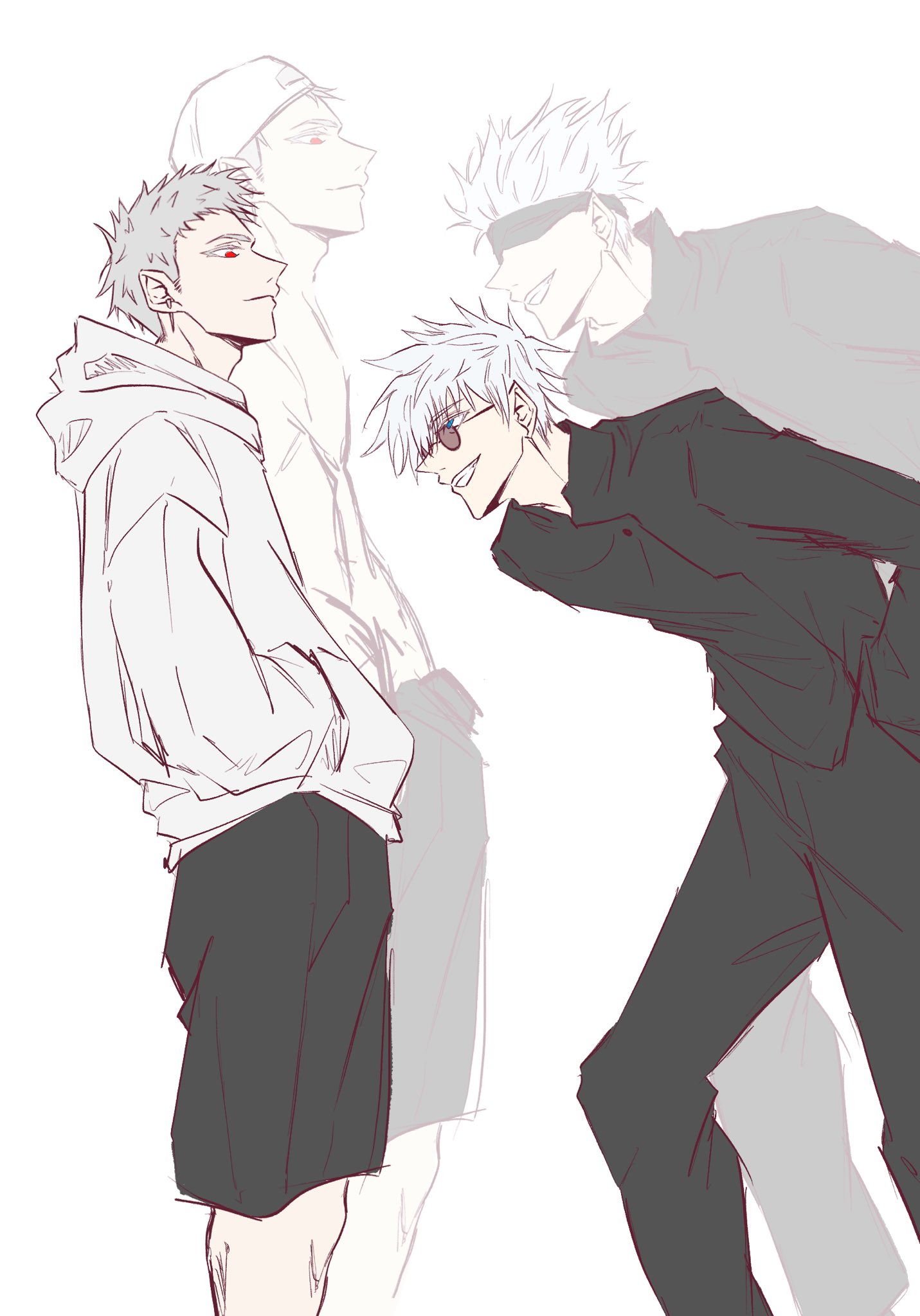 2boys black_shorts blindfold blue_eyes colored_eyelashes commentary_request earrings gojou_satoru gold_earrings grey_hair hands_in_pockets hat highres hood hoodie jewelry jujutsu_kaisen jujutsu_tech_uniform looking_at_another male_focus multiple_boys original red_eyes sanasanase short_hair shorts sketch smile spiked_hair sunglasses teeth topless_male tower_of_god translation_request urek_mazino white_background white_hair white_hat white_hoodie