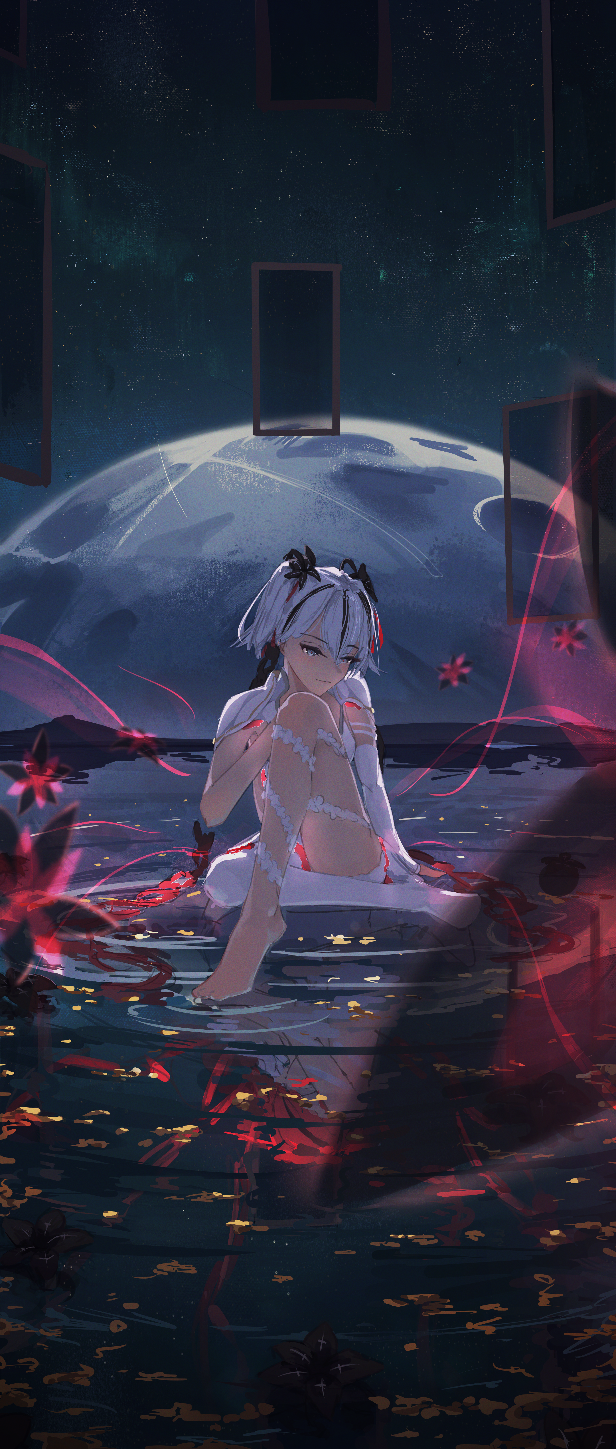 1girl absurdres black_eyes black_flower blake_bloom_(wuthering_waves) camellya_(wuthering_waves) closed_mouth commentary different_reflection doorway eien_001 flower hair_flower hair_ornament hair_vines highres knee_up light_smile looking_at_viewer reflection ripples short_hair sitting sitting_on_liquid solo water white_hair wide_shot wuthering_waves